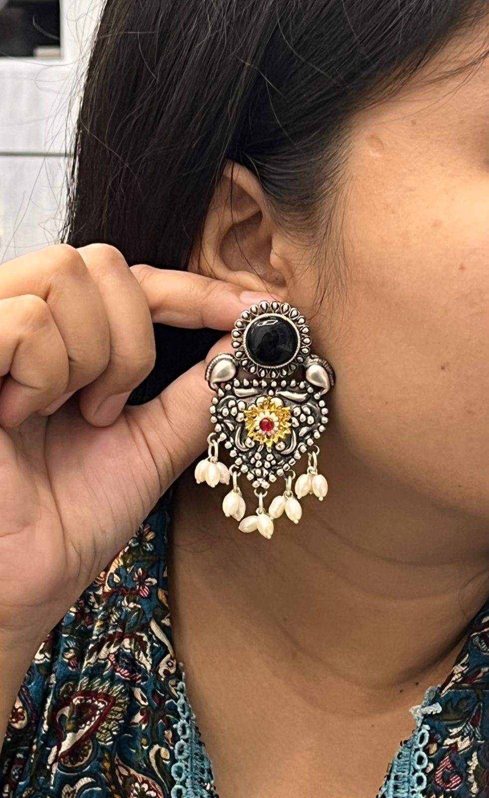 Oxidized Silver Earrings with Black Stone & Pearl Drops