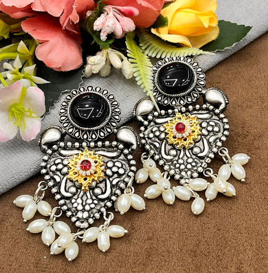 Oxidized Silver Earrings with Black Stone & Pearl Drops