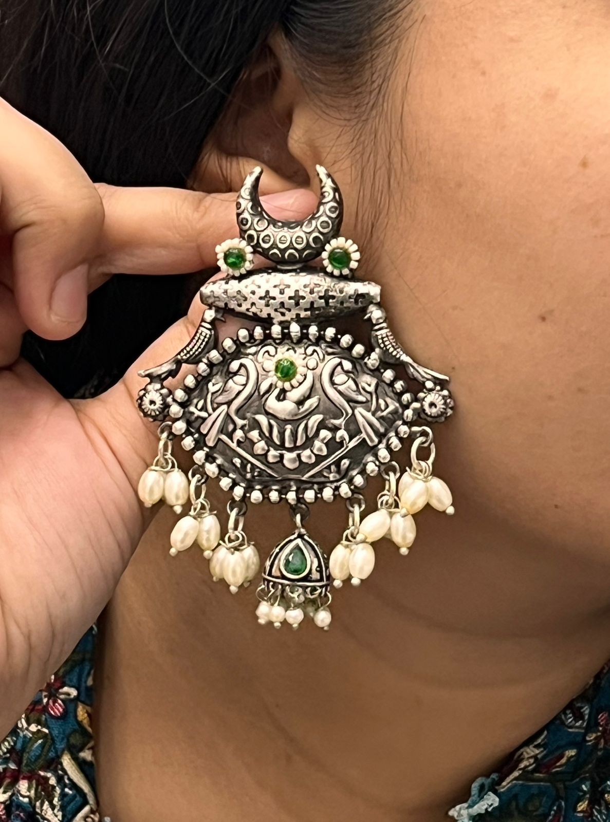 Antique Oxidized Silver Earrings with Green Stones & Pearl Drops