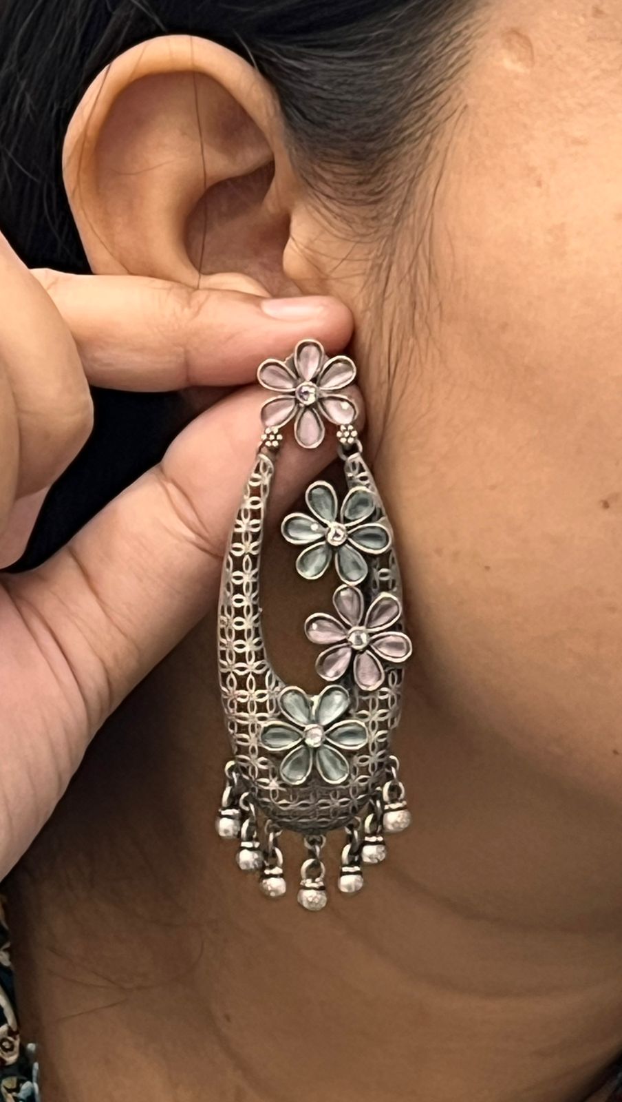 Antique Silver Floral Dangle Earrings with Pastel Enamel