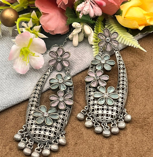 Antique Silver Floral Dangle Earrings with Pastel Enamel