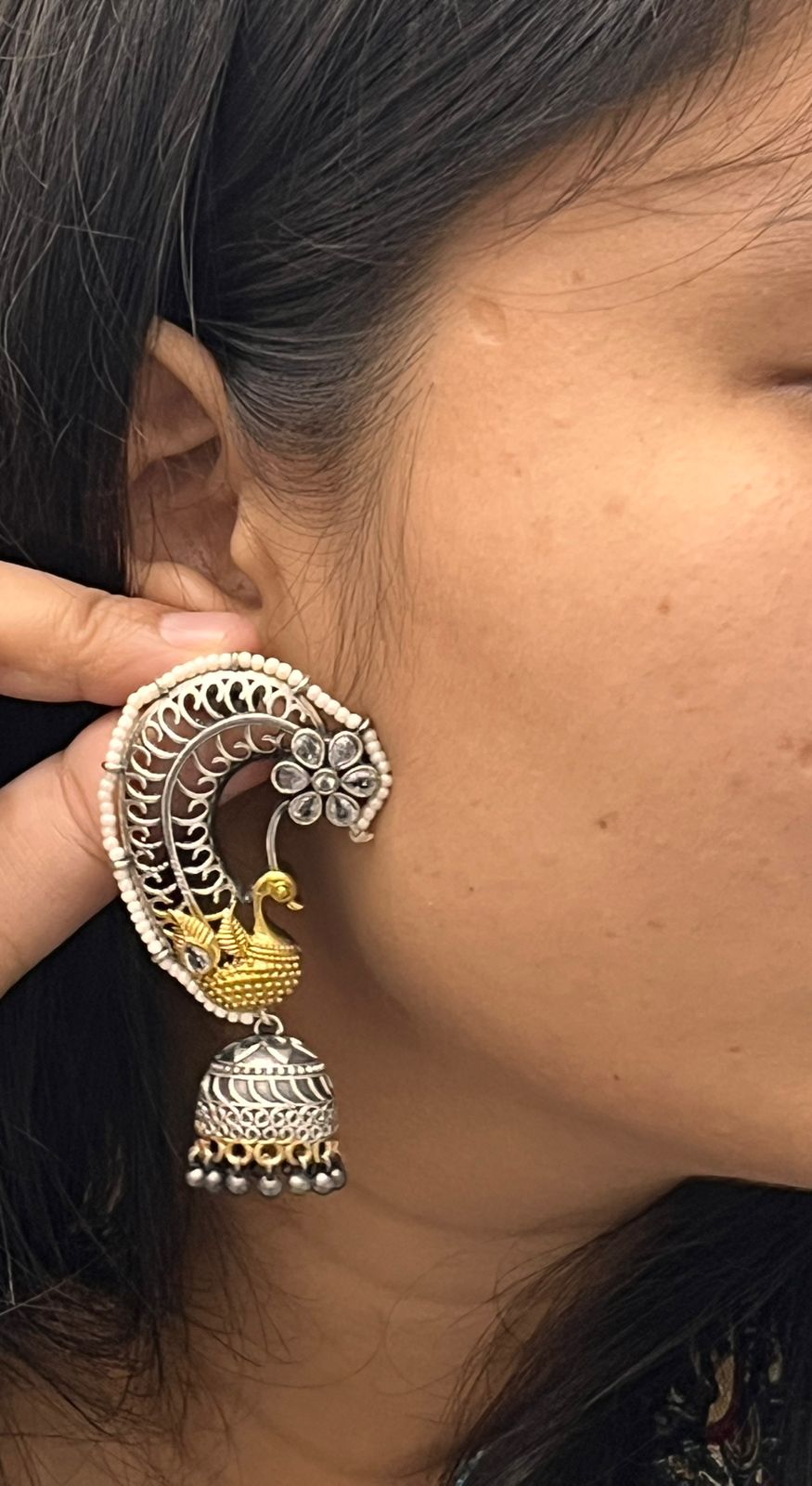 Antique White Peacock Design Earrings with Jhumka and Pearl Detailing