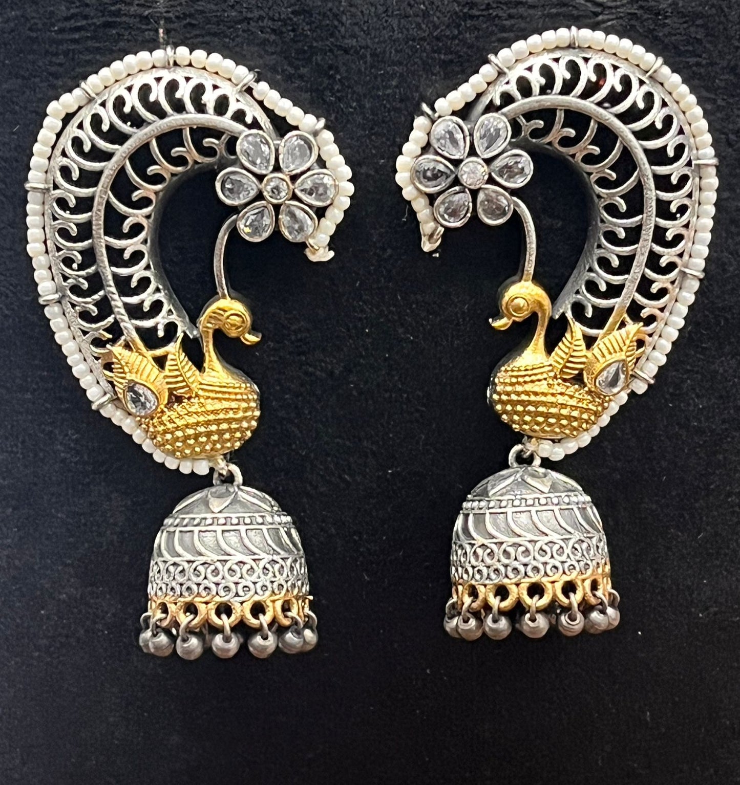 Antique White Peacock Design Earrings with Jhumka and Pearl Detailing