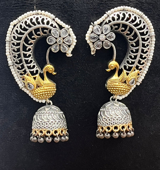 Antique White Peacock Design Earrings with Jhumka and Pearl Detailing