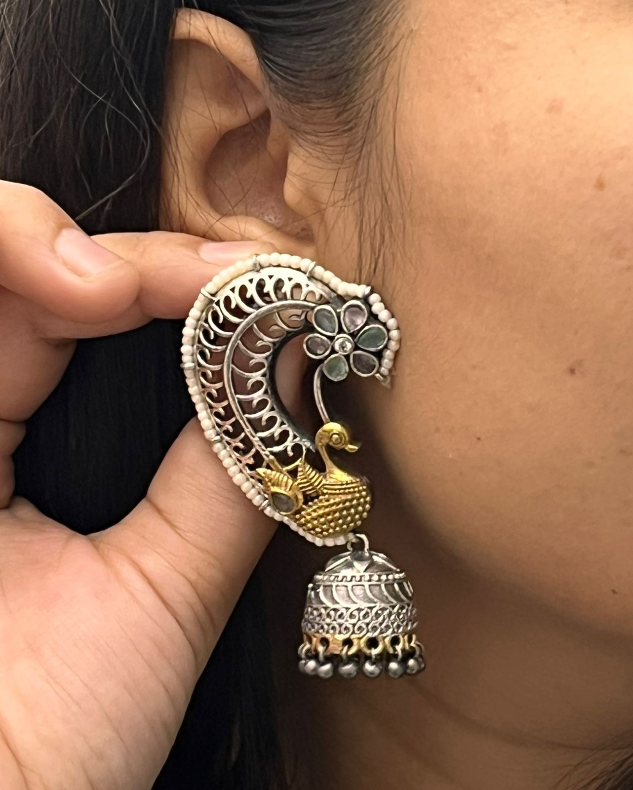 Antique Peacock Design Earrings with Jhumka and Pearl Detailing