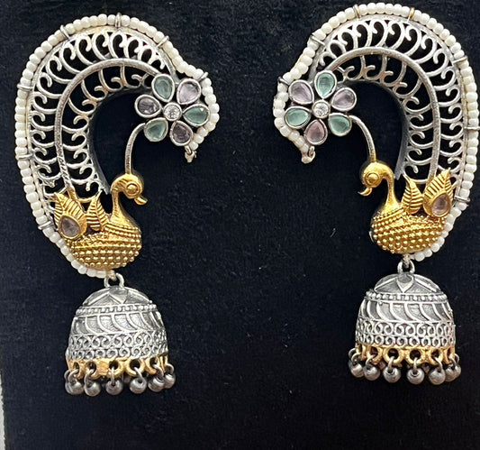 Antique Peacock Design Earrings with Jhumka and Pearl Detailing
