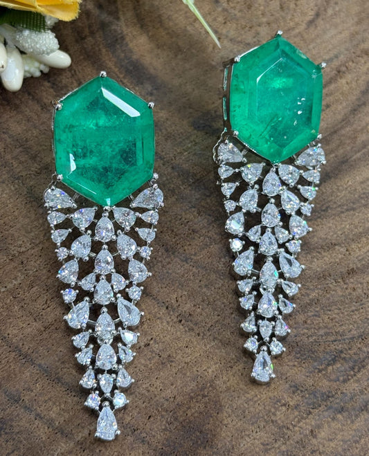 Designer Statement Earrings with Emerald Green and Cubic Zirconia