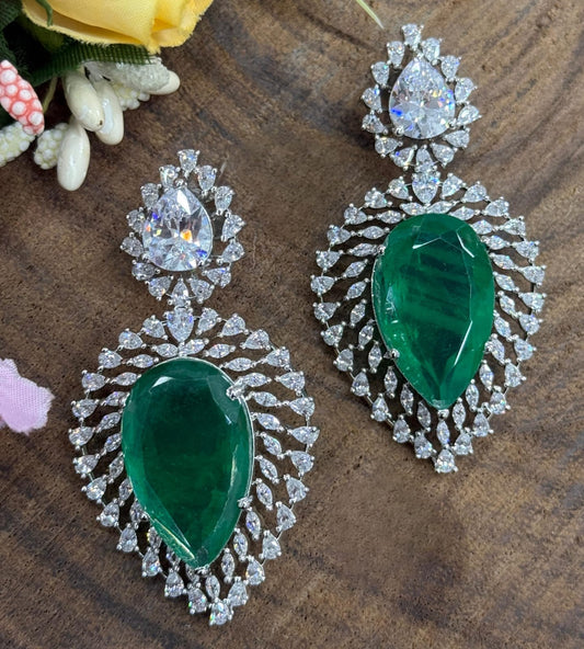 Elegant Statement Earrings with Green Crystal and White Stones