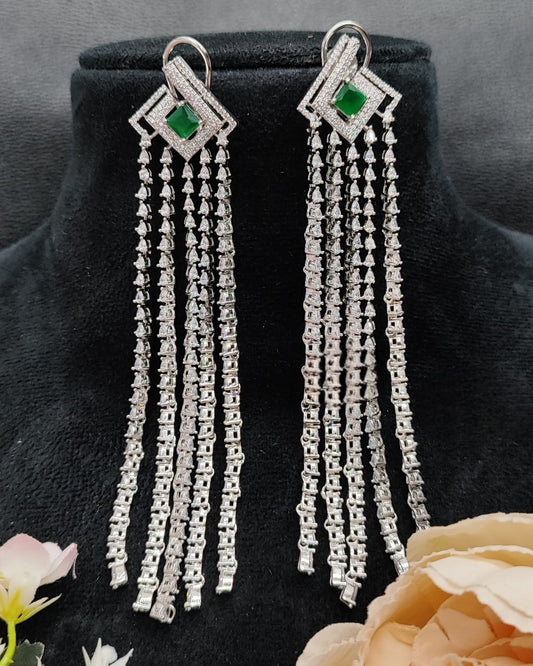 Long Silver Tassel Earrings with Green Stone and CZ Stone