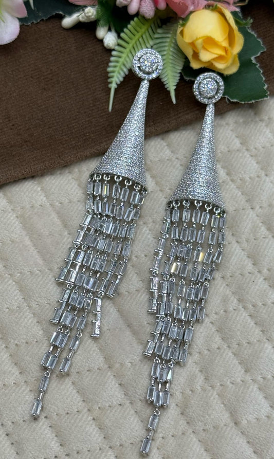 Charming Long Drop Earrings with Emerald Silver Chains