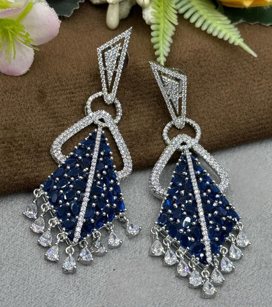 Unique Statement Earrings with Blue Stones and Sparkling Drops