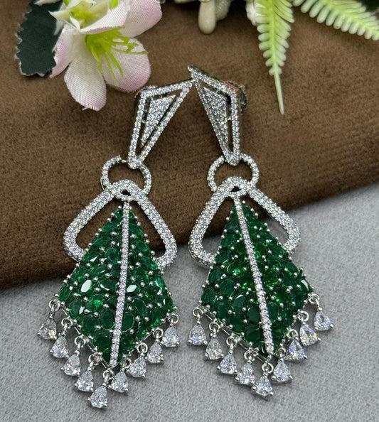 Unique Statement Earrings with Green Stones and Sparkling Drops