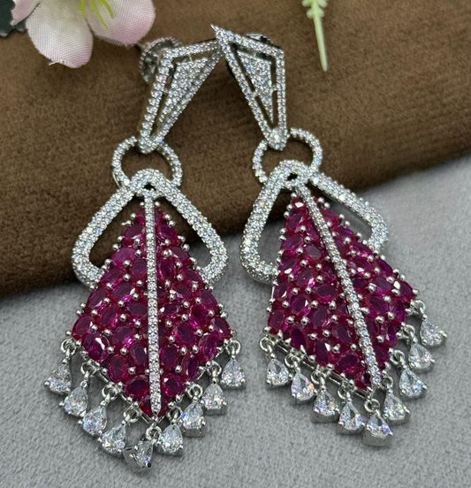 Unique Statement Earrings with Pink Stones and Sparkling Drops