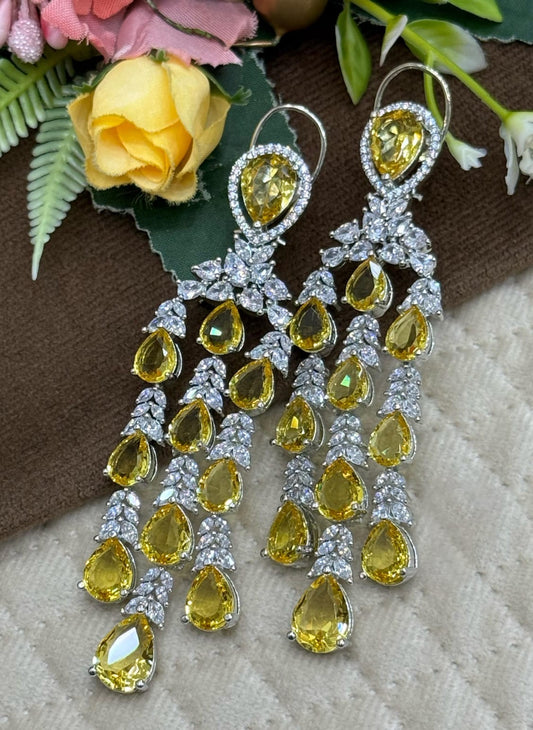 Unique Yellow Teardrop Crystal Earrings with CZ Diamond Accents
