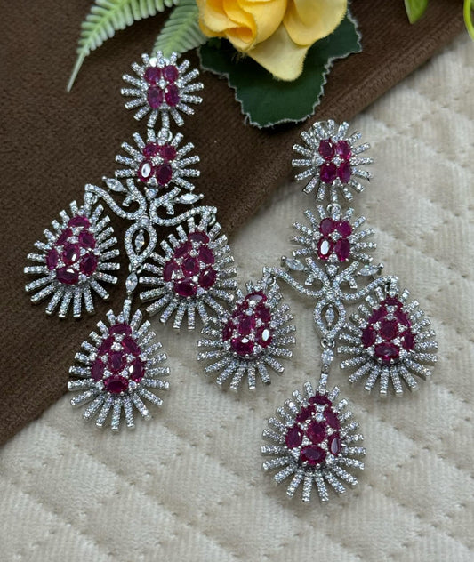 Antique Ruby & Diamond Long Earrings with silver polish And CZ Stone for women