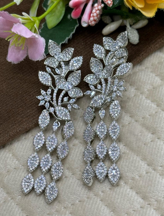 Elegant Silver Long Earrings with Floral Vine Design