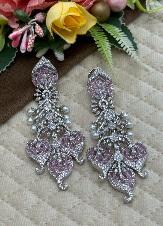 Elegant Long Earrings with Pink Stones, Pearls & White Crystals
