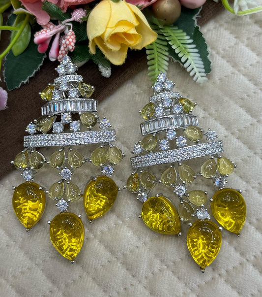 Classic Yellow CZ Stones Earrings with Silver polish