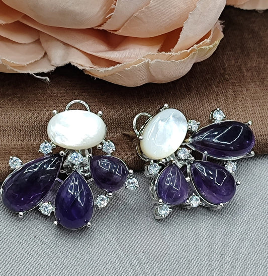 Handcrafted Amethyst & MOP Cluster Earrings with Sparkling CZ stone