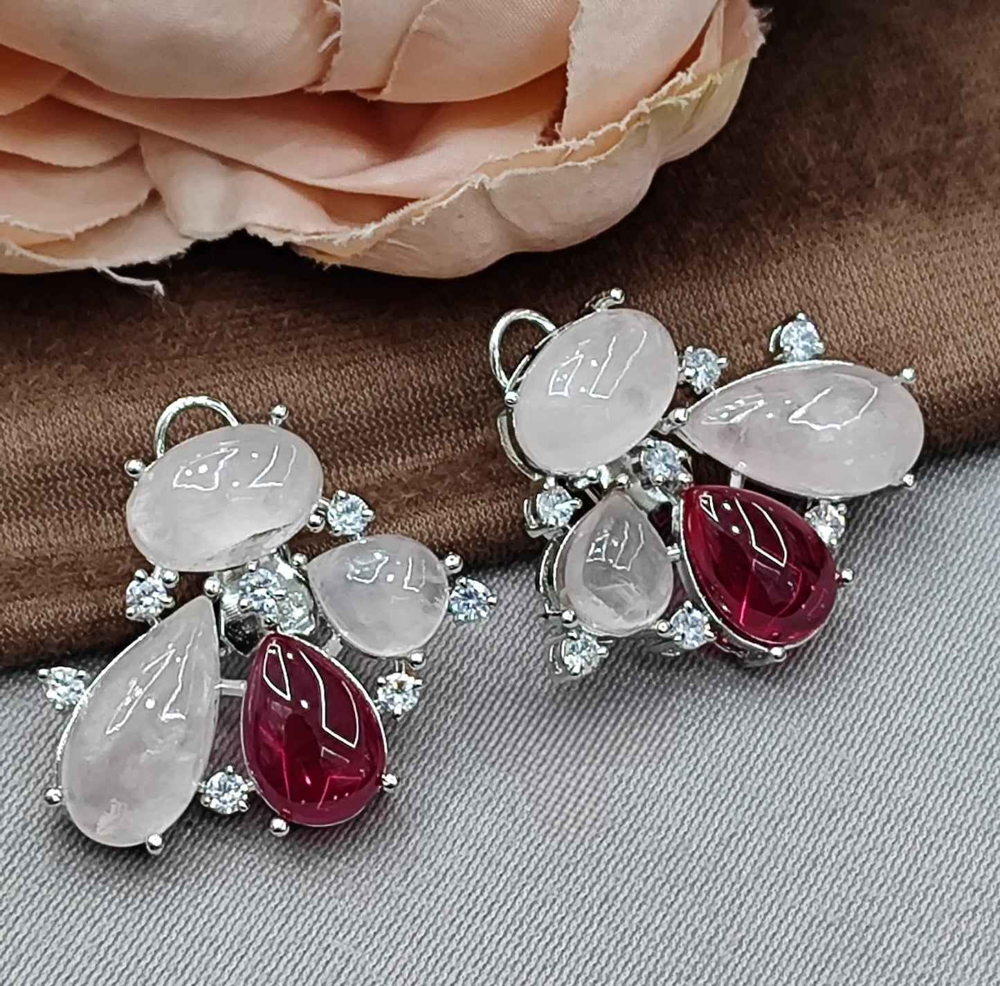 Handcrafted Amethyst & MOP Cluster red Earrings with Sparkling CZ stone
