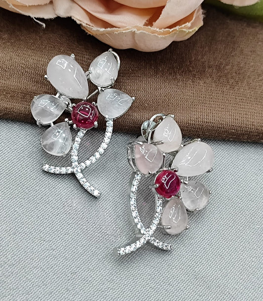 Floral Rose Quartz & Ruby Earrings with CZ Accents