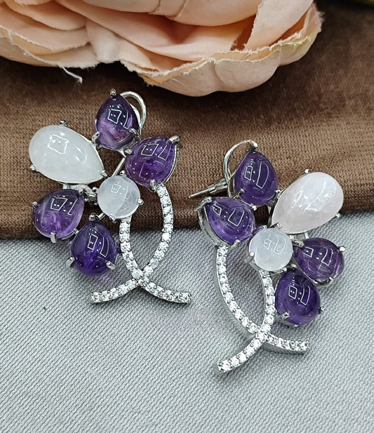 Amethyst & Rose Quartz Floral Earrings with CZ stone