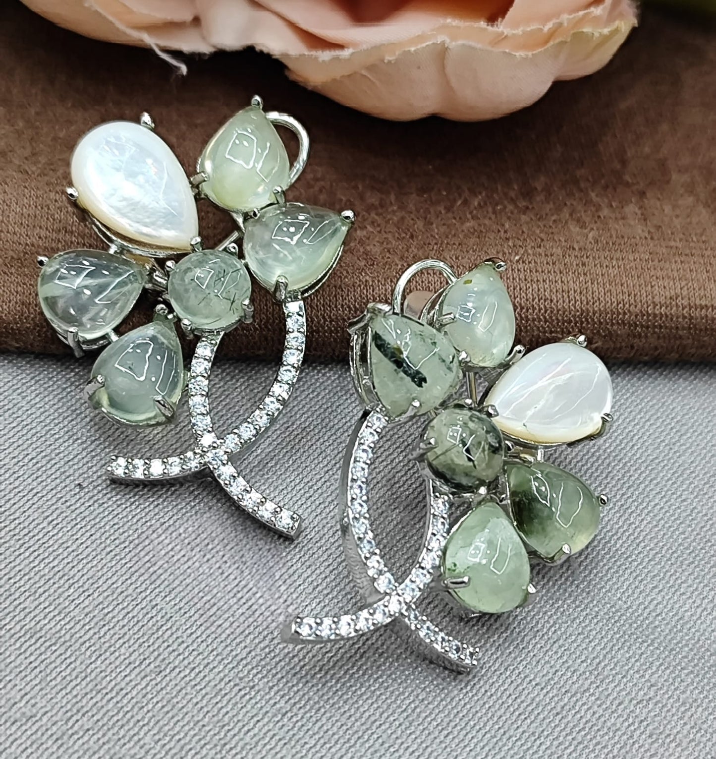 Green Prehnite & Mother of Pearl Floral Earrings with CZ stone