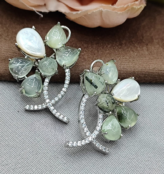 Green Prehnite & Mother of Pearl Floral Earrings with CZ stone