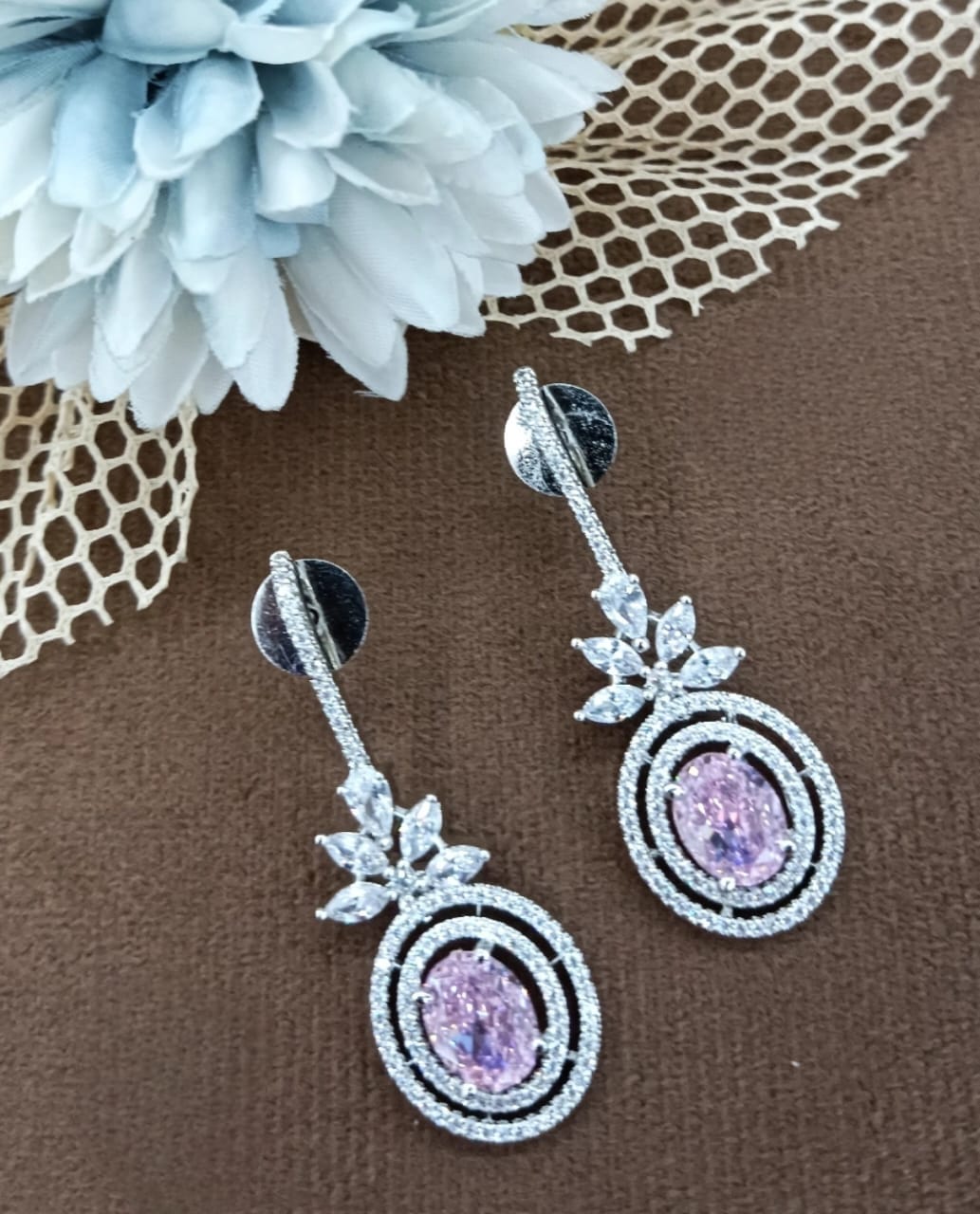 Elegant Pink Stone Drop Earrings with CZ stone for women