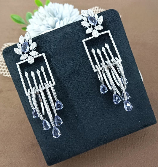 Geometric Floral Dangle Earrings with Purple CZ Drops