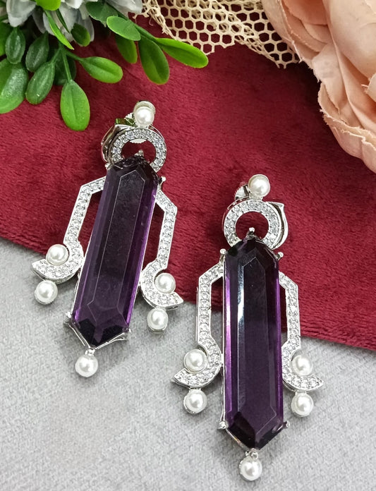 Amethyst Long Drop Earrings with Pearl Accents