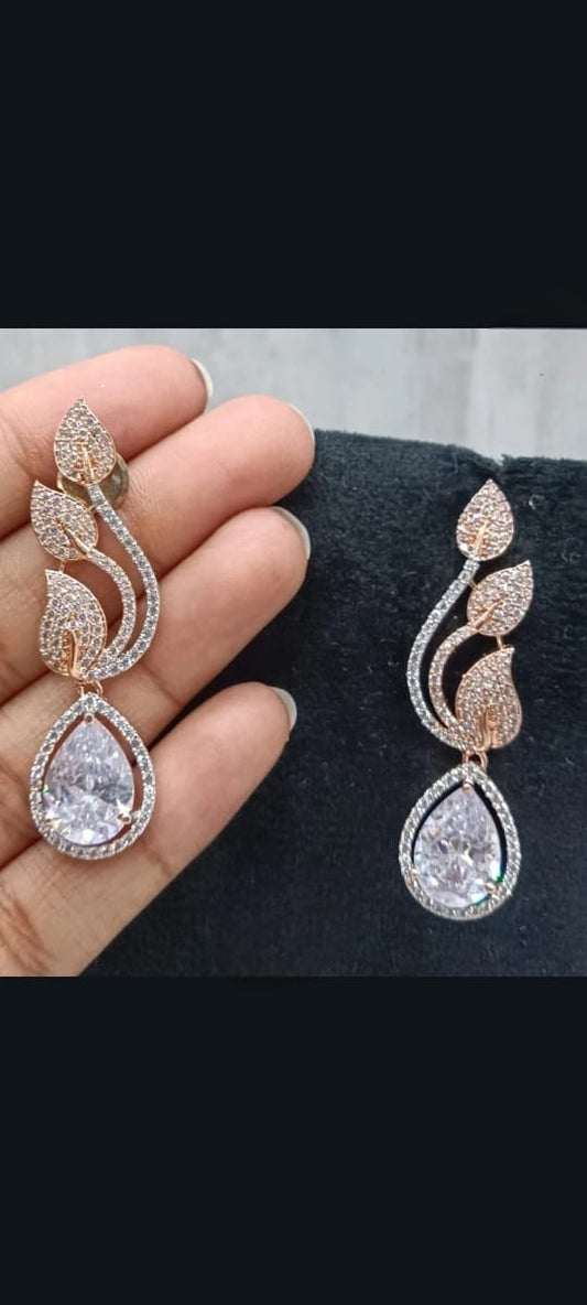 Rose Gold CZ Leaf Drop Earrings with Teardrop Stone