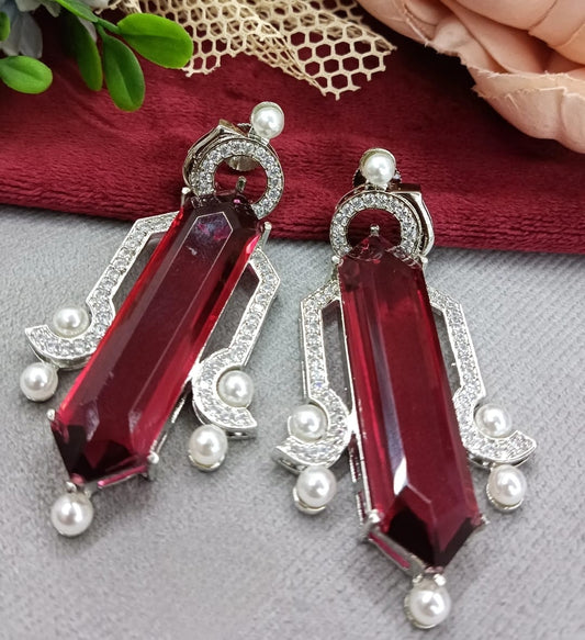 Red Amethyst Long Drop Earrings with Pearl Accents