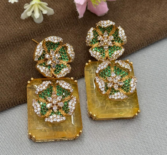 Yellow Stone Floral Earrings with Green & White CZ