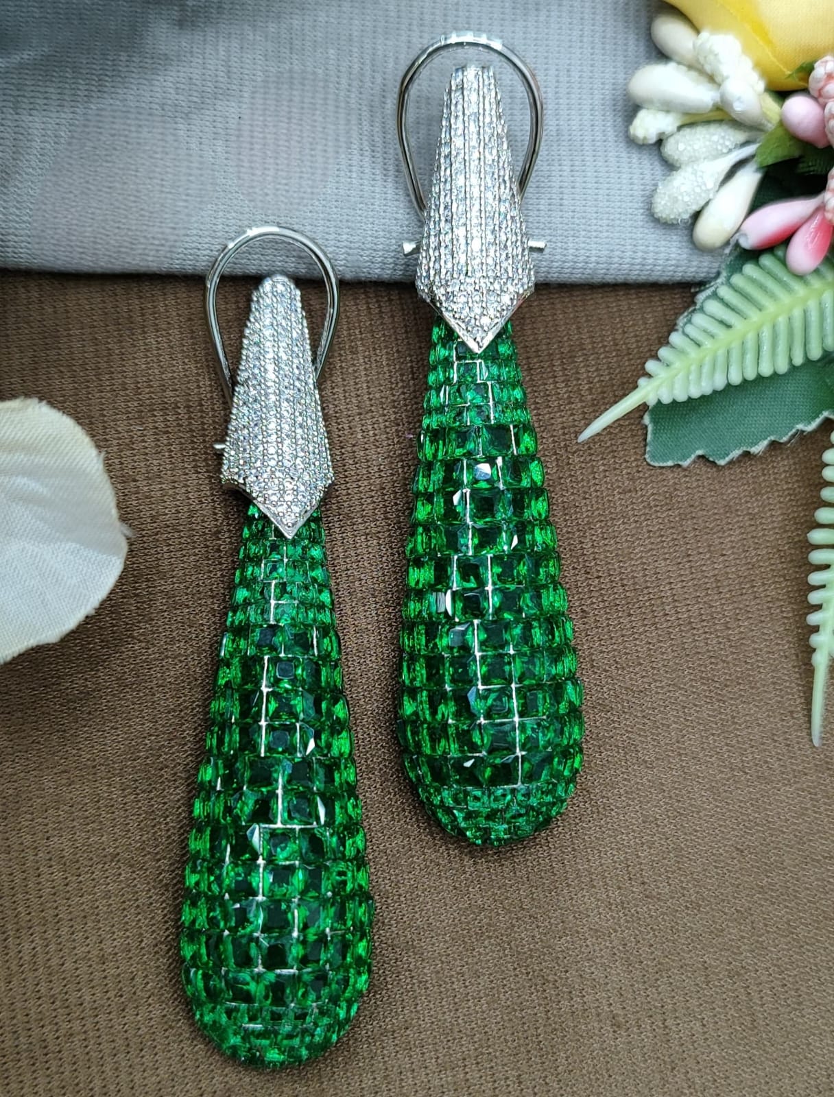 Green Crystal Long Drop Earrings with CZ Top