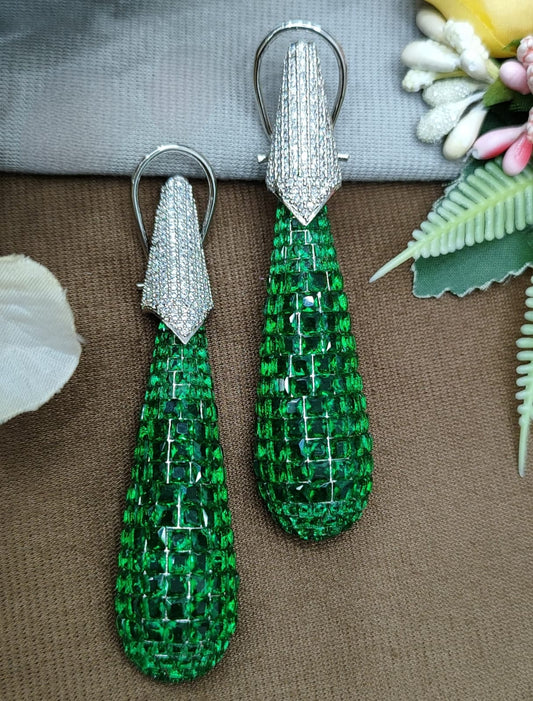Green Crystal Long Drop Earrings with CZ Top