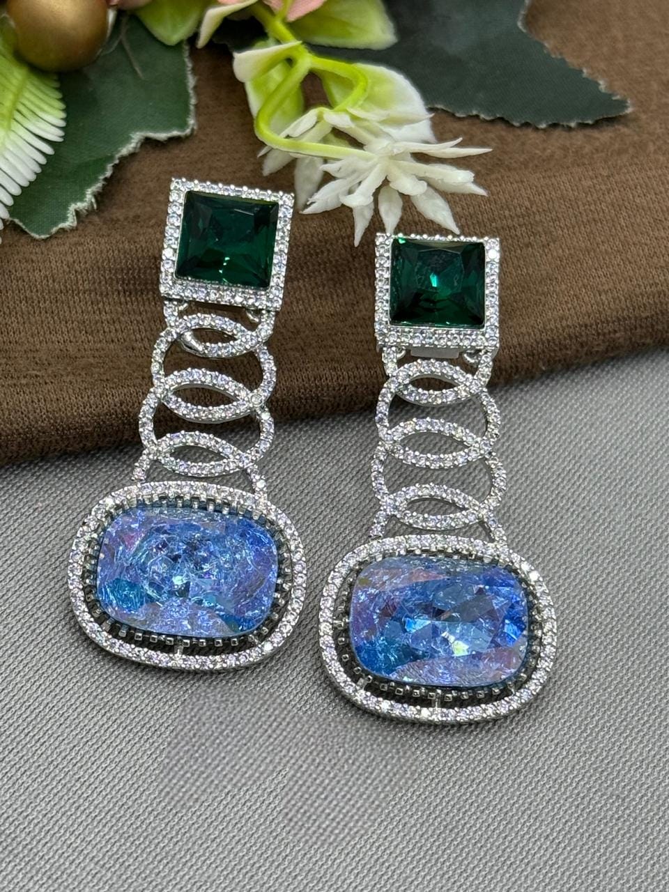 Green & Blue Crystal Drop Earrings with CZ Accents
