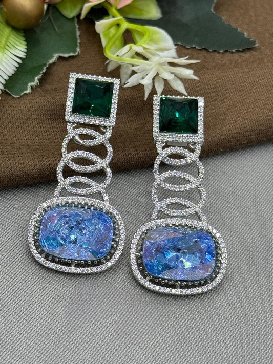 Green & Blue Crystal Drop Earrings with CZ Accents