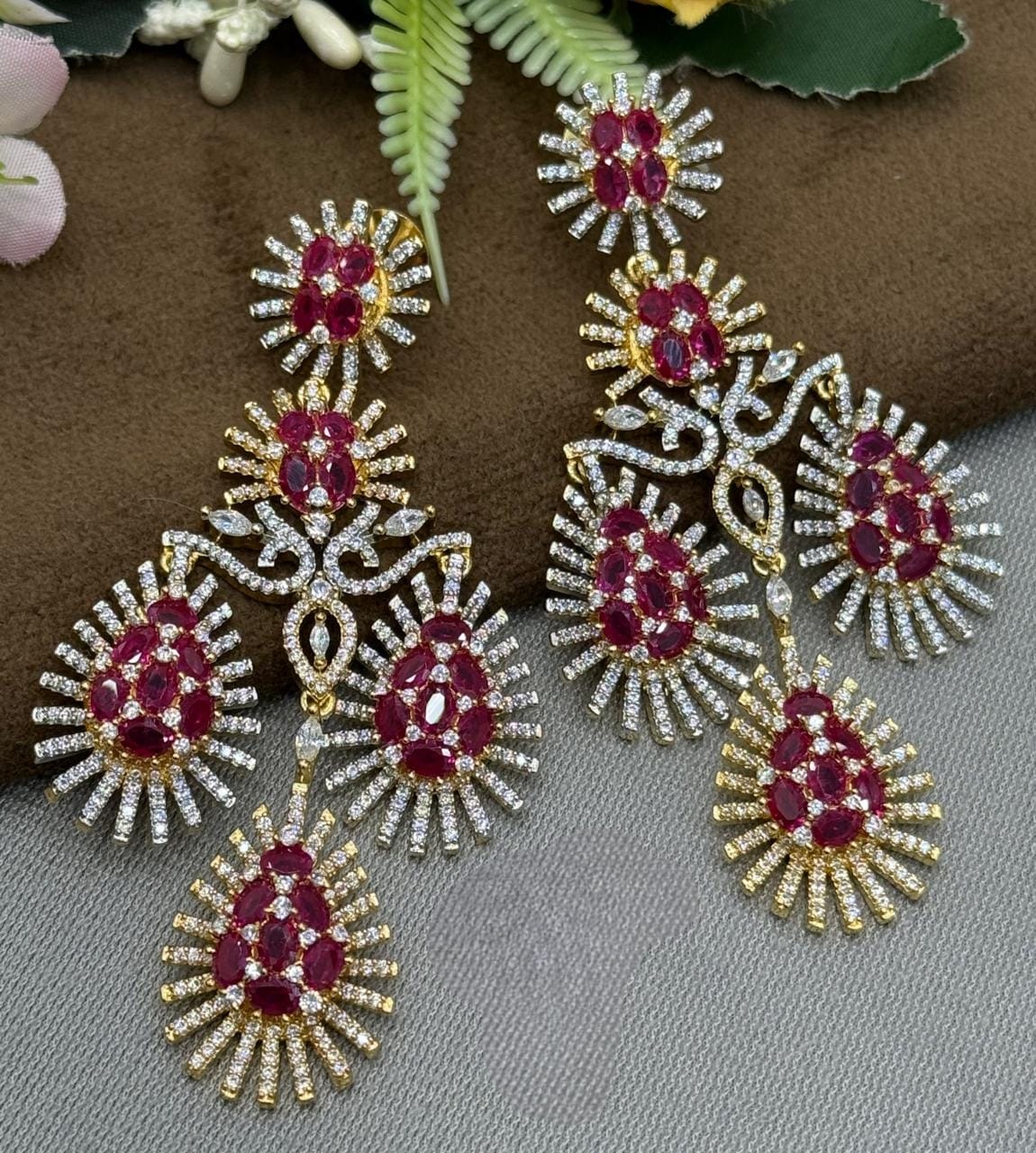 Ruby Red CZ Chandelier Earrings with Gold Finish