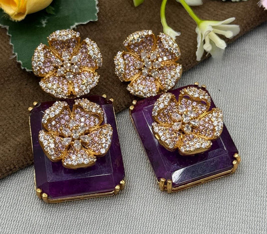 Gold-Plated Floral Crystal Earrings with Purple Stone