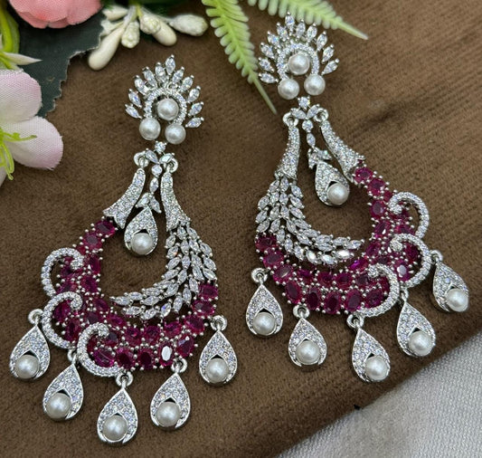 Ruby & Pearl Chandelier Earrings with CZ stone