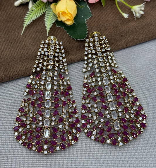 Elegant Red Teardrop and CZ Long Statement Earrings