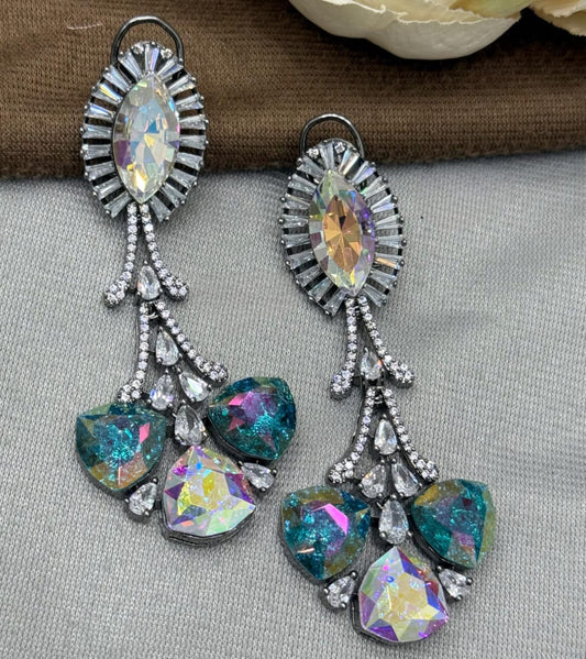 Elegant Shimmering Crystal Earrings with Teal and AD Stones