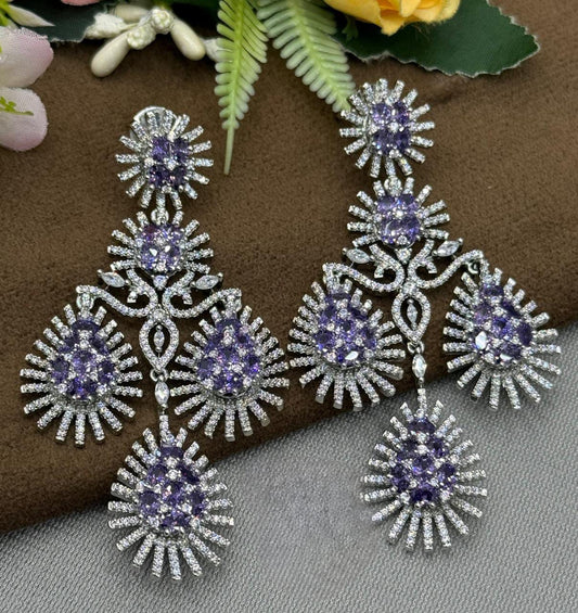 Glamorous Long Drop Earrings with Purple and CZ stone