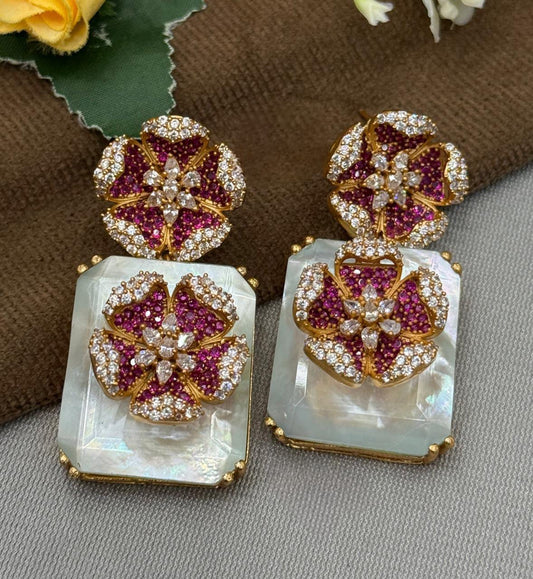 Gold-Plated Floral Crystal Earrings with white Stone