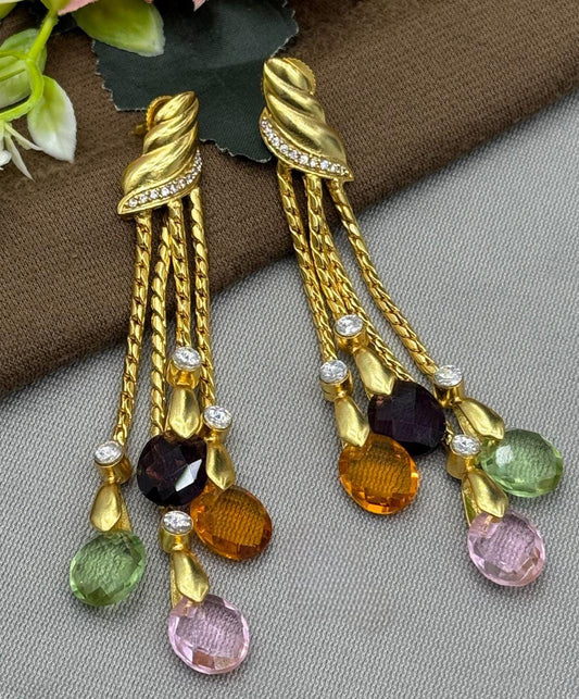 Designer Gold Finish Earrings with Multicolor CZ Stone Drops