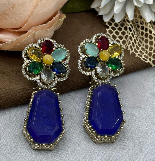 Designer Multicolor Floral Drop Earrings with Blue AD stone