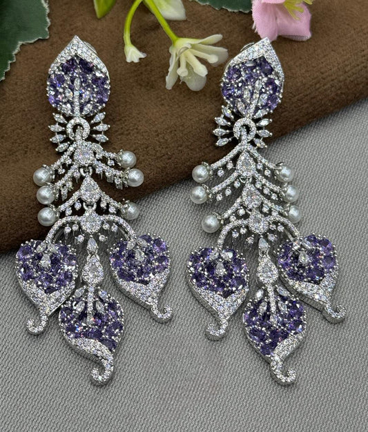 Glamorous Silver Plated Long Drop Earrings with Purple Crystals