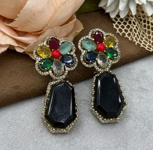 Multicolor Floral Drop Earrings with Black AD stone