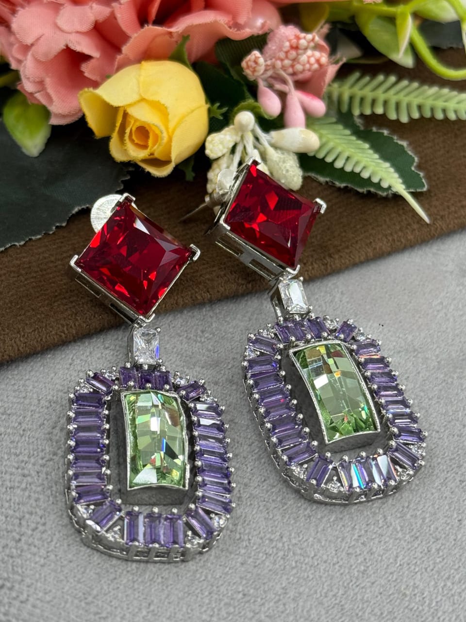 Colorful swarovski Statement Earrings with mint green Center Stone
